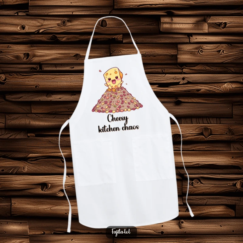 Funny apron graphic of a playful cheese shred character cascading down a bean mountain, great for cooks who love fun.