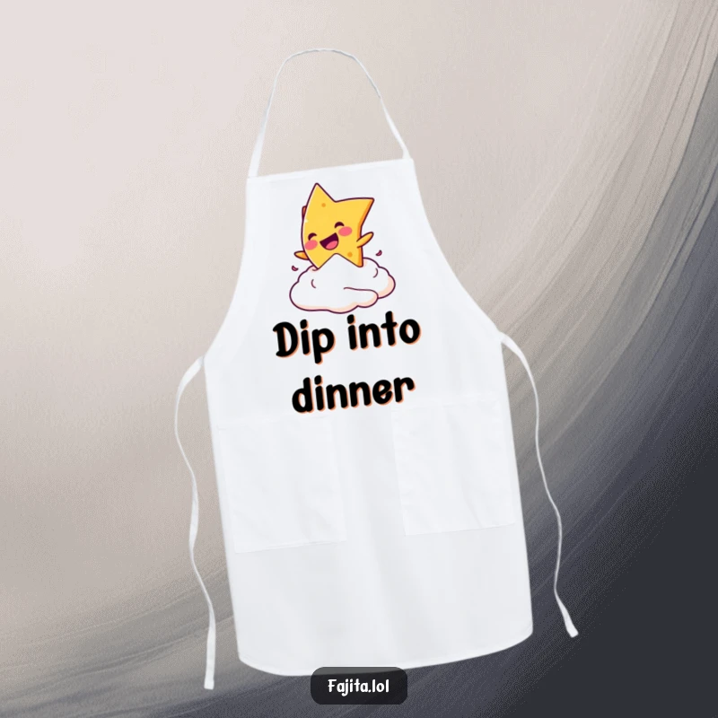 Funny apron depicting a mischievous nacho chip playfully diving into a dollop of sour cream, ready for kitchen duty.