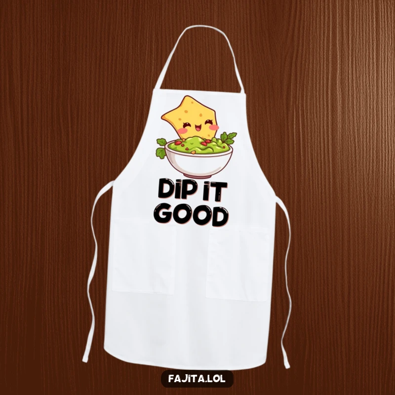 Funny apron illustration of a tortilla chip character happily diving into a guacamole bowl, showcasing culinary fun and humor.