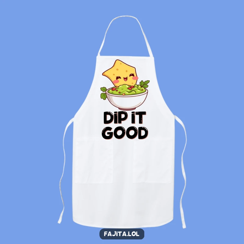 Protect your kitchen attire and serve up smiles with this funny tortilla chip diving into guacamole apron. Great for fiesta cooks!