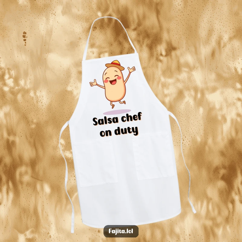 Funny Bean Salsa Apron, a joyful bean character doing a jumping jack with salsa, ready for kitchen fun.