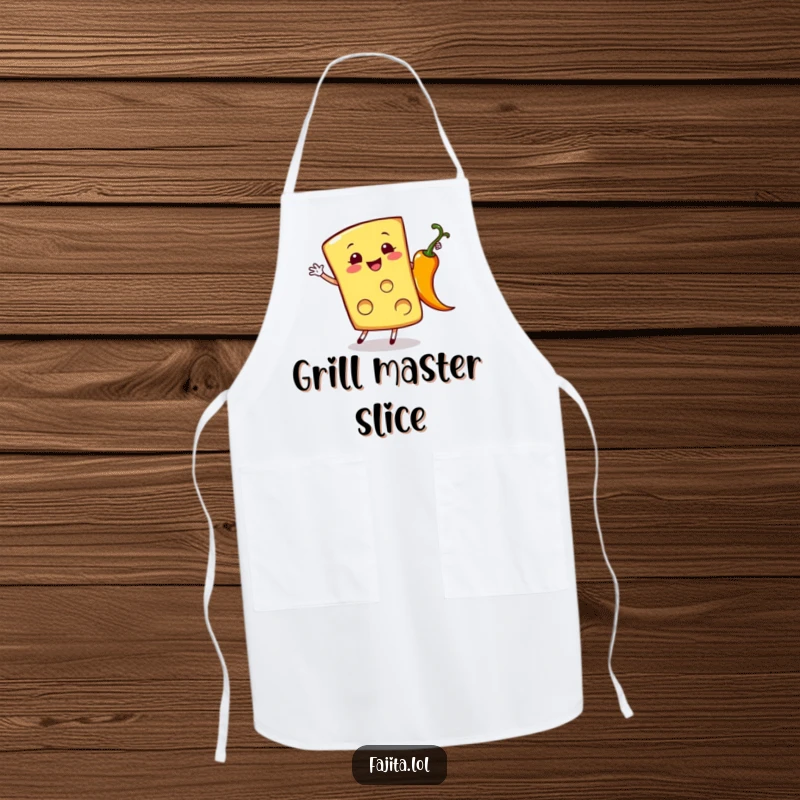 Funny apron with a cheerful cheese slice doing a cartwheel next to a sizzling pepper, bringing kitchen fun.