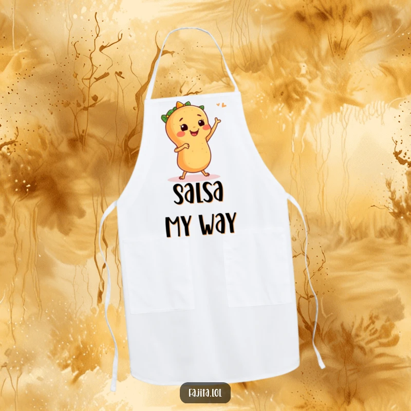 Funny apron with a smiling fajita doing a salsa dance, ready to add humor and flair to any cooking adventure.