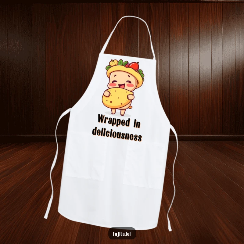 Funny apron showing a happy fajita character in a warm embrace with a tortilla, adding a touch of humor to cooking.