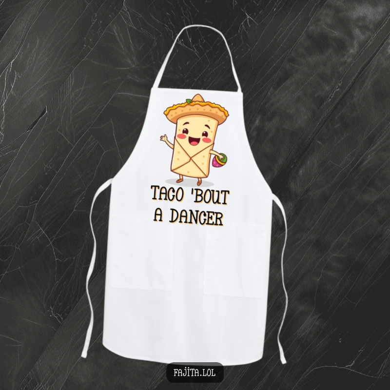 Funny apron with a smiling fajita wrap, tiny sombrero, and maracas, ready to bring fiesta fun to the kitchen.