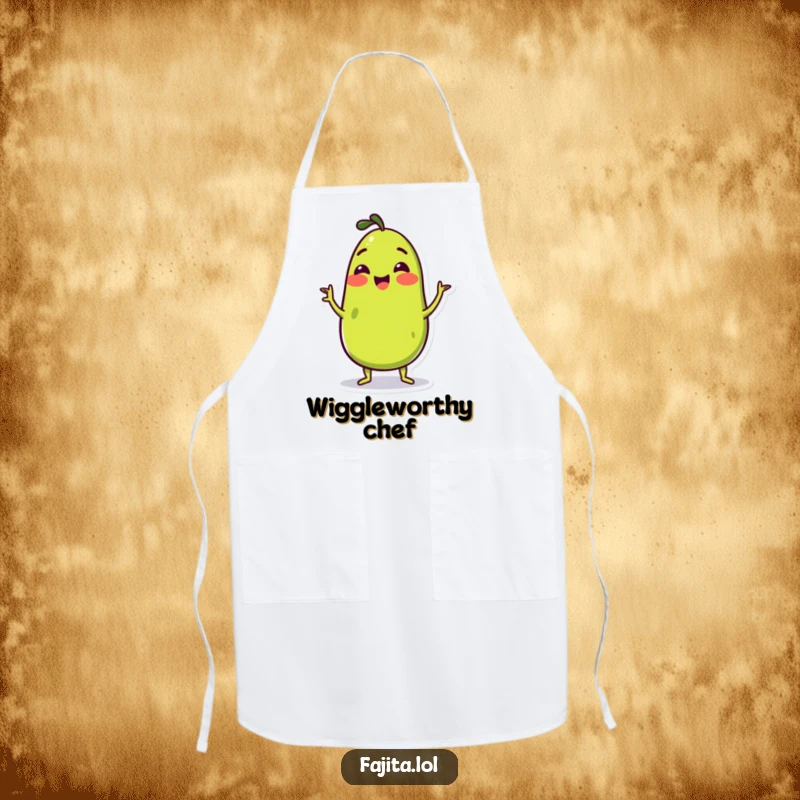 Funny Apron featuring a cheerful guacamole character doing a happy wiggle, designed for kitchen fun and culinary delight.