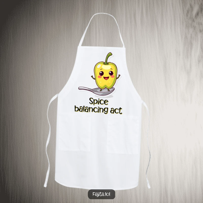 Funny Apron featuring a smiling pepper slice character balancing on a tiny spoon, designed for kitchen fun and culinary flair.
