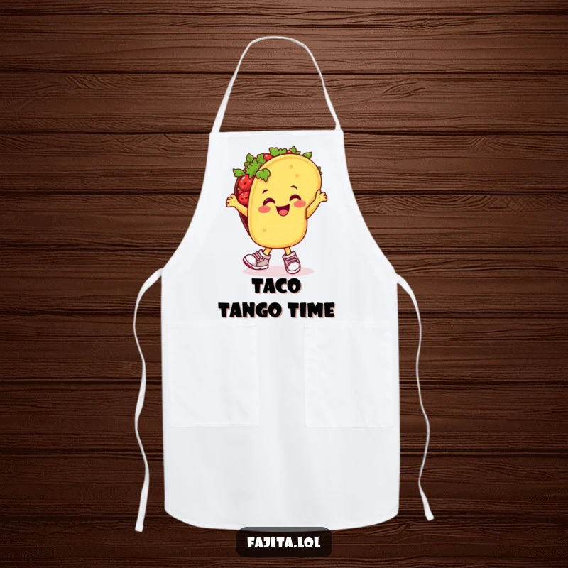 Funny apron depicting a cheerful taco in sneakers, enthusiastically salsa dancing while ready to cook up a storm.