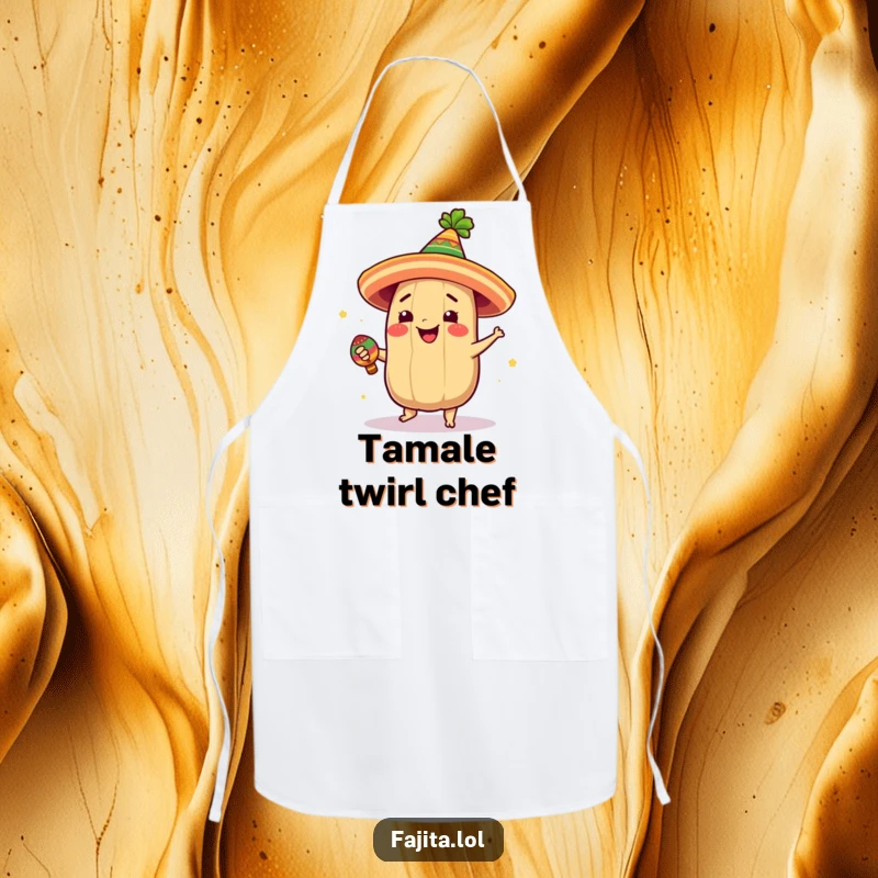 Funny apron depicting a giddy tamale with a festive hat, joyfully spinning with a maraca, ready to cook.