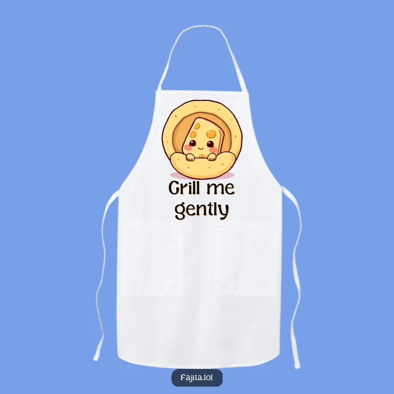 Serve up smiles with this funny apron, featuring a shy cheese slice in a steaming tortilla. Perfect for the home chef who loves a good laugh.