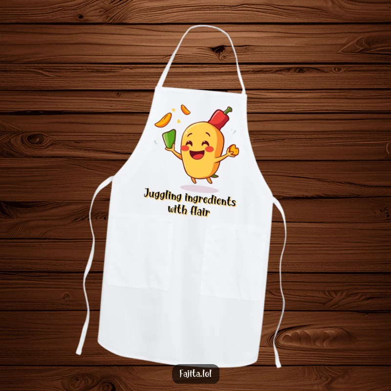 Funny apron featuring a smiling fajita character juggling fiery pepper slices, adding humor and personality to kitchen duties.