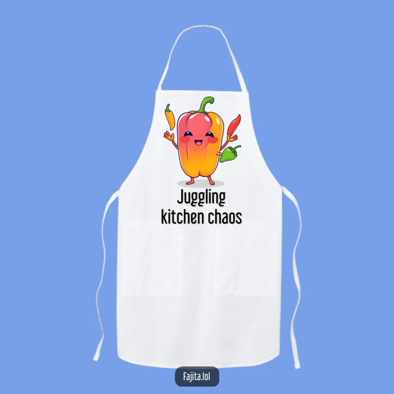Add some flair to your kitchen adventures with this funny apron depicting a bell pepper juggling chilies! Keep clean while bringing the fun.