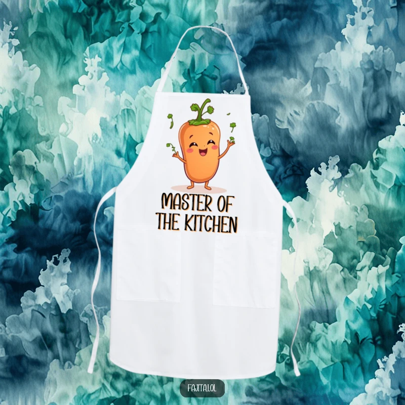 Funny apron features a happy pepper character juggling tiny cilantro sprigs, ideal for a fun cooking experience.