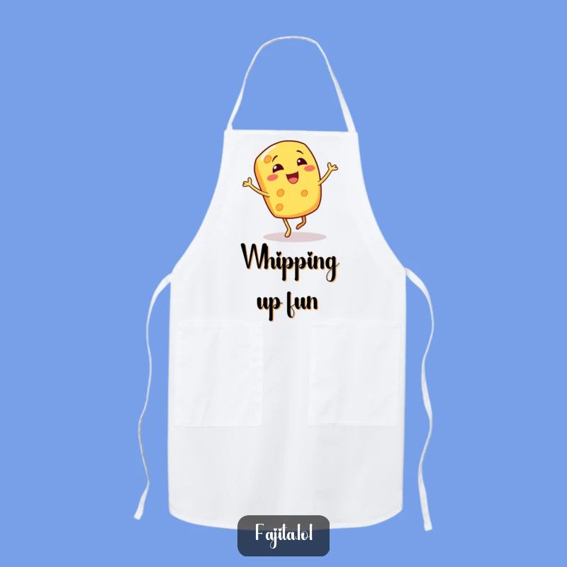 Protect your clothes and spread smiles with this funny apron featuring a giggling cheese shred doing a bouncy jig. Perfect for the kitchen comedian.