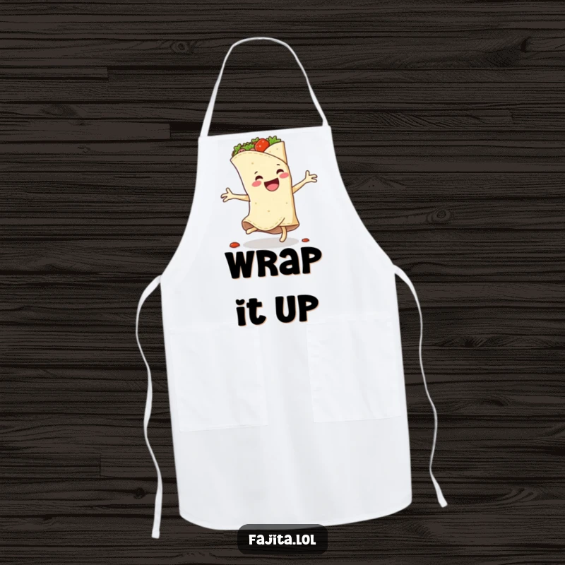 Funny apron featuring a smiling fajita wrap cartwheeling, spicy filling bursting out, ready for kitchen adventures and culinary fun.