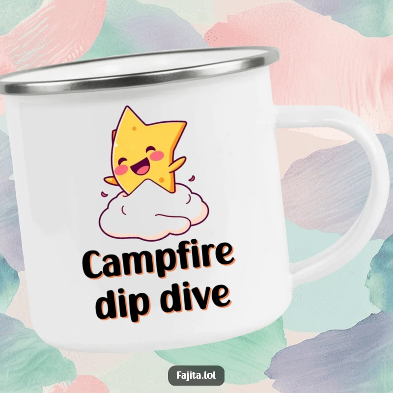 Funny camping mug with a mischievous nacho chip playfully diving into sour cream, perfect for camp drinks.