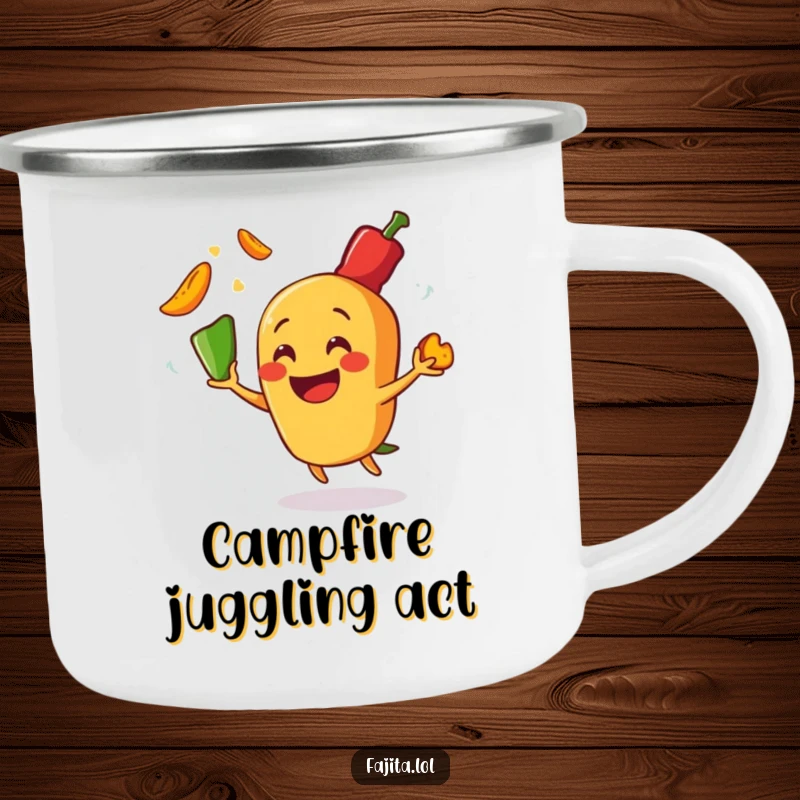Funny camping mug showing a fajita character juggling sizzling pepper slices, designed for outdoor use with a humorous, food-themed twist.