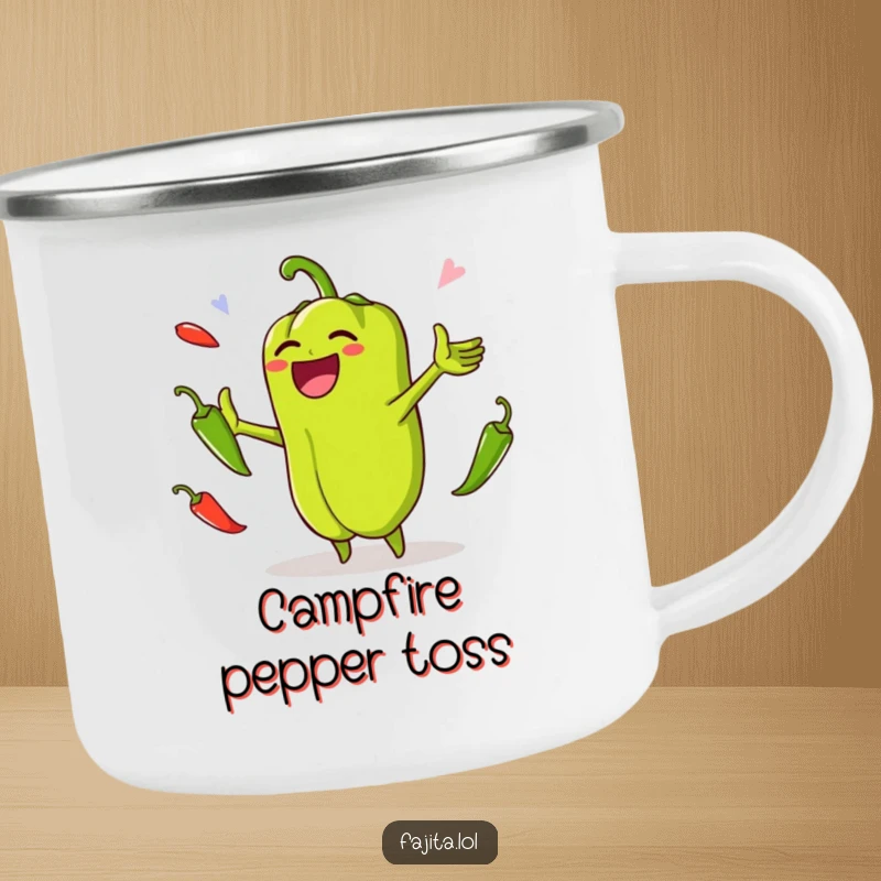 Funny camping mug featuring a laughing bell pepper juggling jalapenos, perfect for hot beverages during outdoor excursions filled with humor.