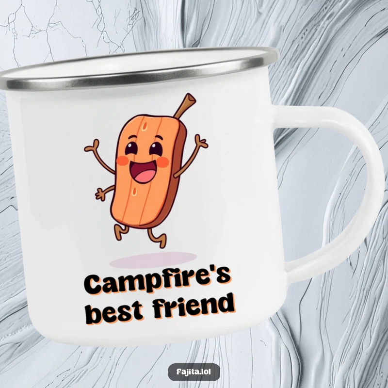 Funny camping mug showing an excited grilled meat character performing a happy skip, ready for outdoor adventures.