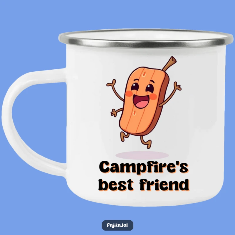 Enjoy your favorite beverage outdoors with this durable camping mug featuring an excited piece of grilled meat doing a happy skip.