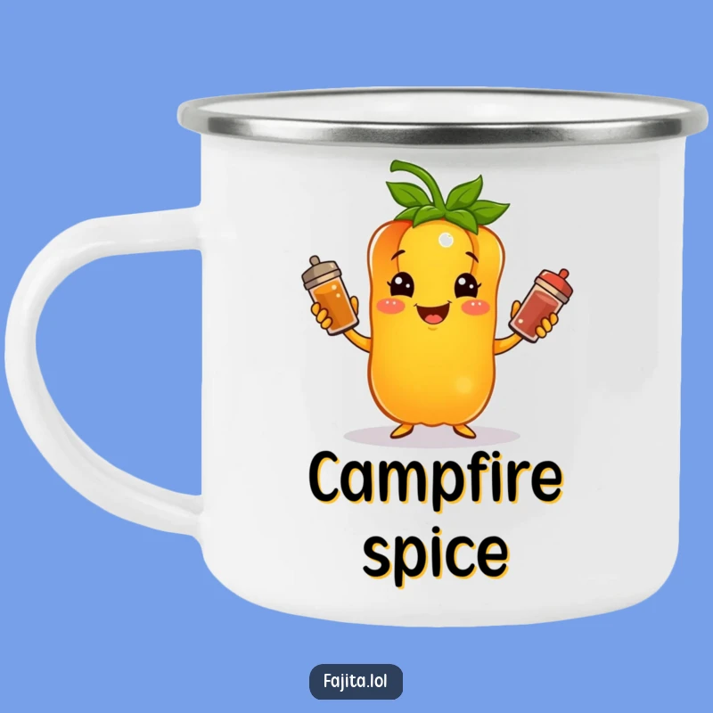 Enjoy your trail mix or morning brew with this funny bell pepper juggling spices camping mug. Your cheerful companion for outdoor cooking.