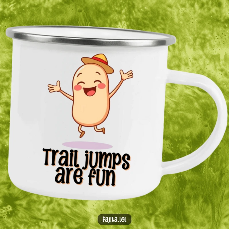 Funny Bean Salsa Camping Mug, a jumping bean character with salsa, designed for energetic outdoor enjoyment.