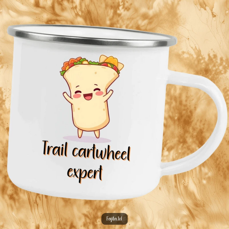 Funny burrito camping mug with a happy burrito doing a cartwheel, its tortilla slightly unfurled, for the adventurous and humorous.