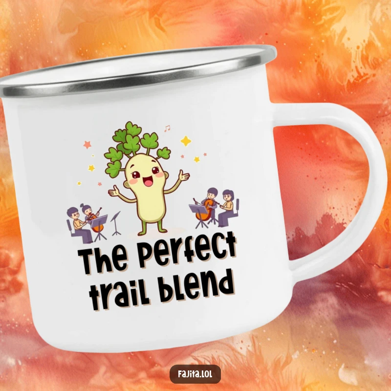 Funny camping mug depicting a cilantro sprig character leading a spice orchestra, suitable for outdoor enthusiasts.