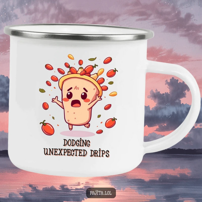 Funny camping mug showing a surprised fajita character dodging flying salsa, designed for outdoor use with a humorous, action-packed theme.