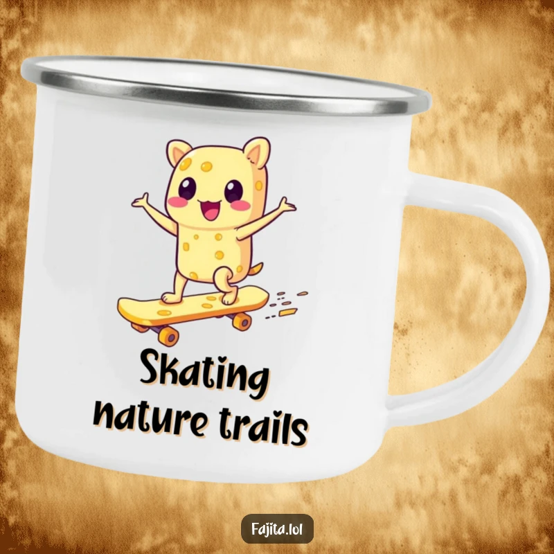 Funny camping mug showing a gleeful fajita character skateboarding on a cheese board, designed for outdoor use with a humorous, adventurous theme.