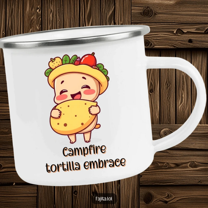 Funny camping mug showing a happy fajita character embracing a tortilla, designed for outdoor use with a heartwarming, humorous theme.