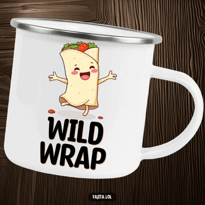 Funny camping mug showing a fajita wrap cartwheeling energetically, with spicy filling erupting, perfect for outdoor enthusiasts.