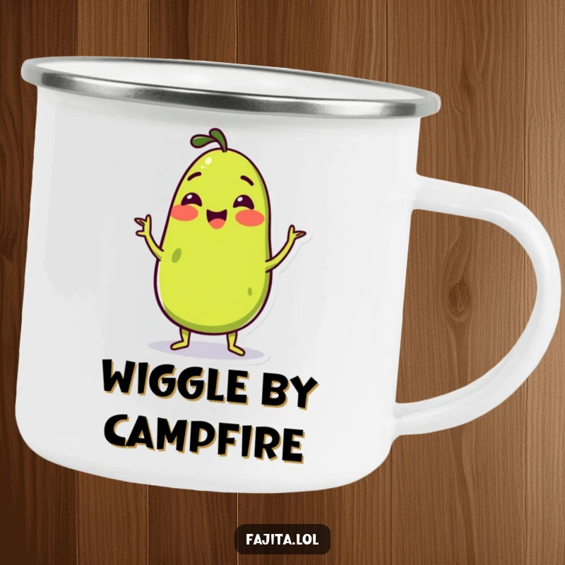 Funny Camping Mug featuring a cheerful guacamole character doing a happy wiggle, ideal for outdoor drinks and festive vibes.
