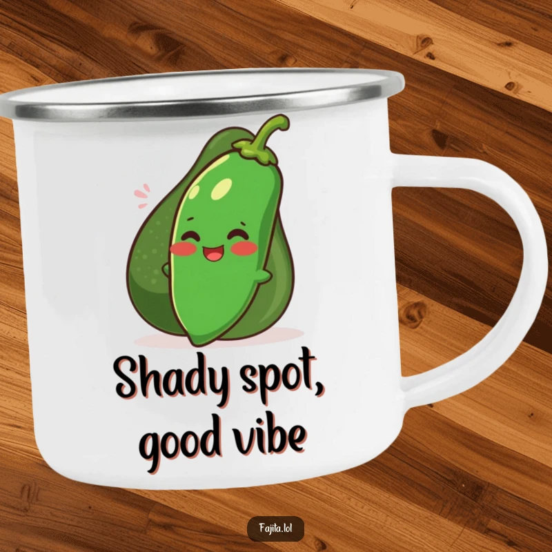 Funny shy jalapeno character peeking from behind a smiling avocado on a camping mug, perfect for outdoor humor.