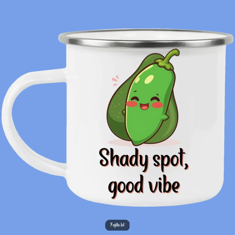 Take your humor on the go with this funny camping mug, featuring a shy jalapeno and a cheerful avocado. Perfect for your next adventure.