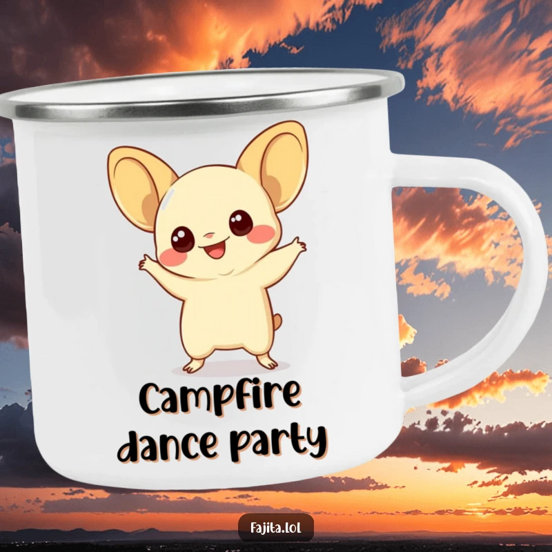 Funny quesadilla camping mug with a smiling quesadilla with wide eyes doing a silly dance, for cheesy outdoor fun.