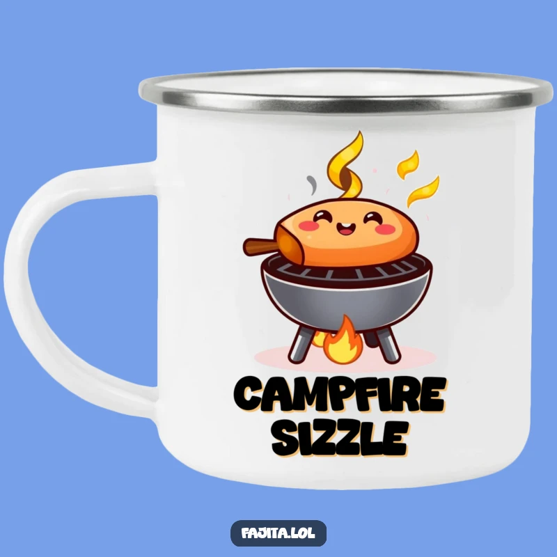 Bring the warmth of the grill to your campsite with this funny camping mug featuring a happy sizzling fajita! Your perfect outdoor companion.