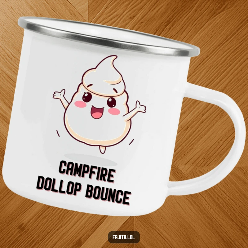 Funny Camping Mug featuring a playful sour cream dollop character bouncing with excitement, ideal for outdoor drinks and cheerful sips.