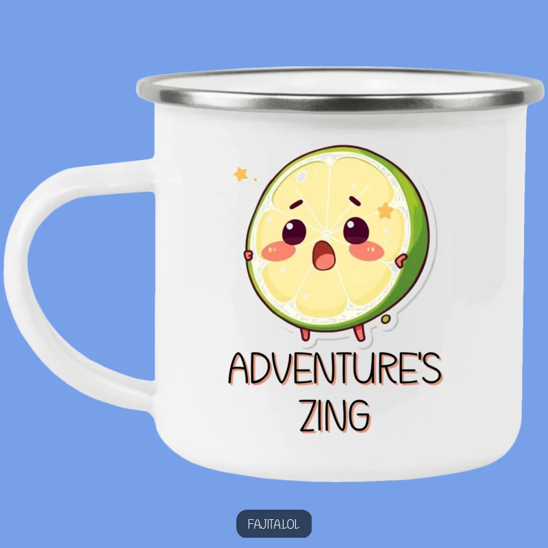 Take your laughs on the go with this durable camping mug featuring a surprised lime wedge character being playfully squeezed.