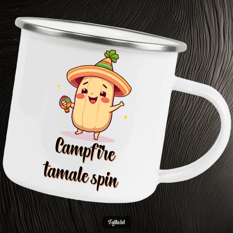 Funny camping mug with a giddy tamale in a festive hat, spinning joyfully with a maraca, perfect for camp drinks.