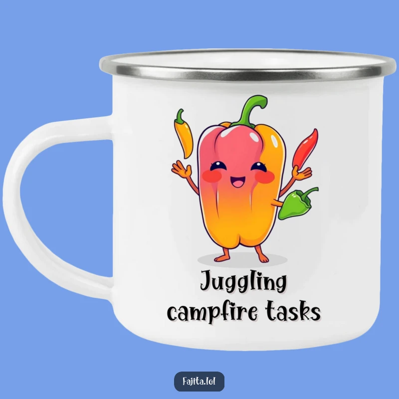 Bring smiles to the campfire with this funny camping mug showcasing a bell pepper’s juggling skills! Durable and fun for any adventure.
