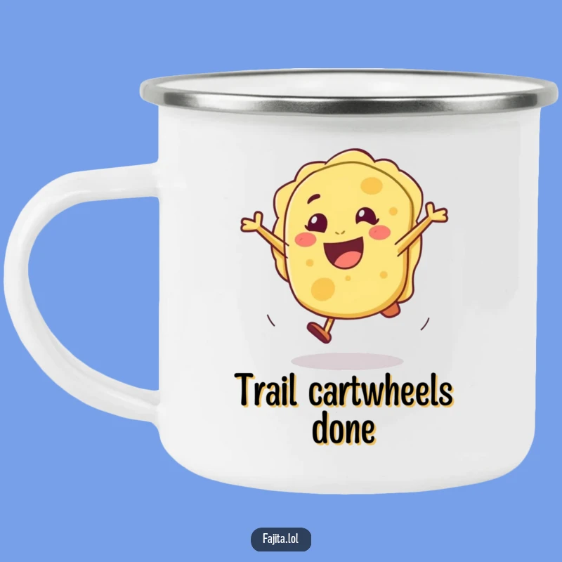 Take the fun outdoors with this funny tortilla camping mug! The cartwheel design brings cheer to your adventures.