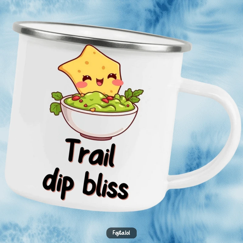 Funny camping mug showing a tortilla chip character diving into guacamole, designed for outdoor lovers with a taste for humor.