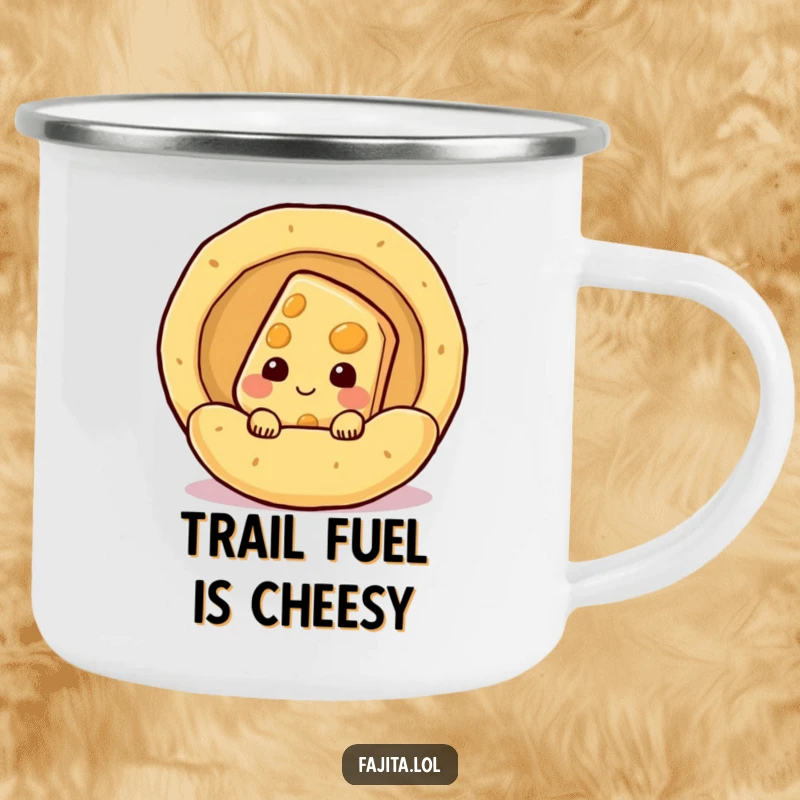 Funny shy cheese slice character peeking from a steaming tortilla on a camping mug, perfect for humorous outdoor enjoyment.