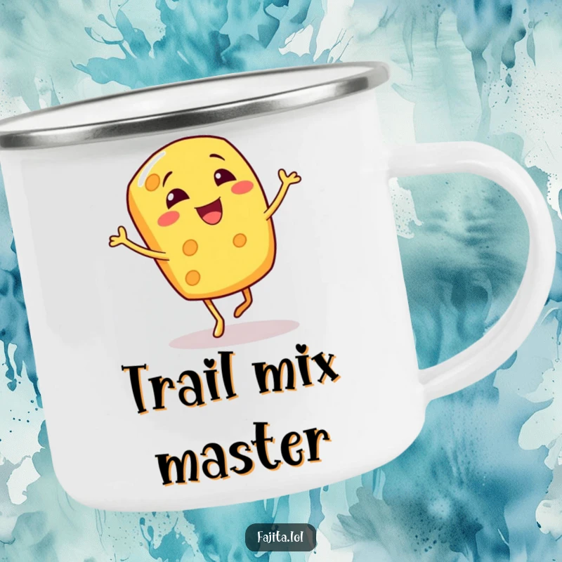 Funny camping mug showing a giggling cheese shred character performing a bouncy jig, ready for any outdoor escapade.