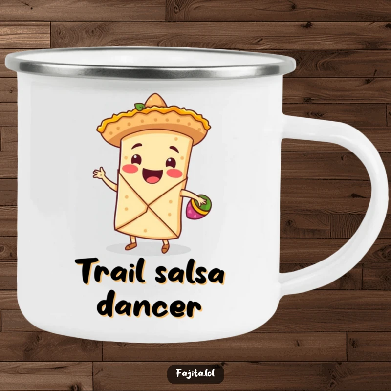 Funny camping mug featuring a smiling fajita wrap, tiny sombrero, and maracas, ready for outdoor fiesta fun.