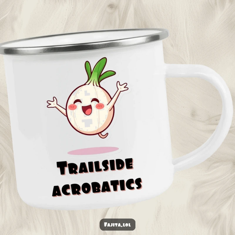 Funny camping mug illustration of an excited onion ring character mid-cartwheel, perfect for adventurers who love fun.