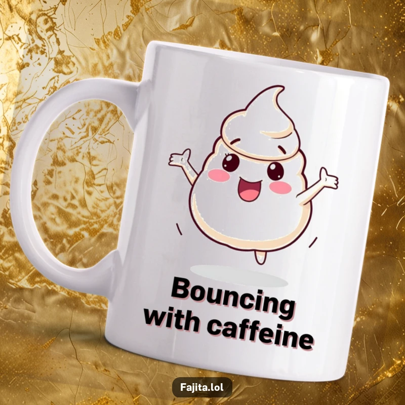 Funny Mug featuring a playful sour cream dollop character energetically bouncing with excitement, radiating pure, creamy joy.