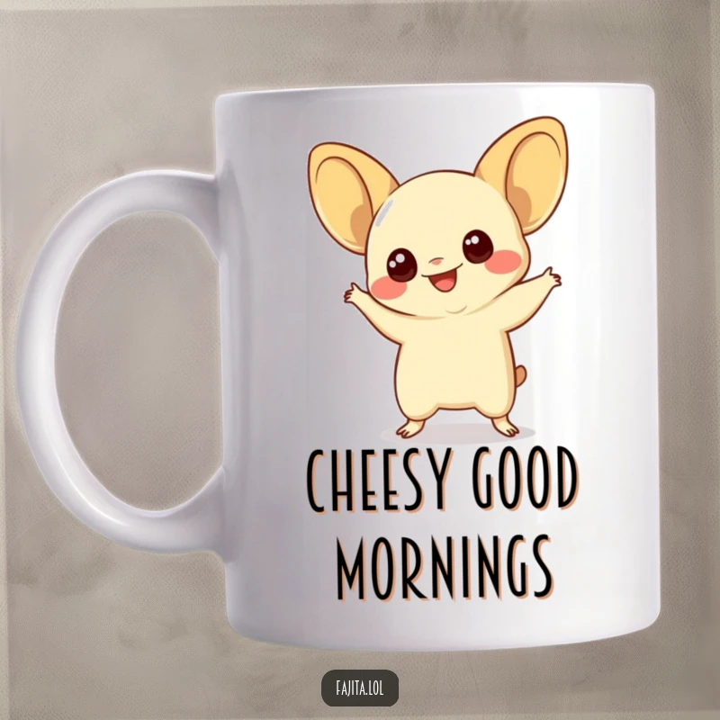 Funny quesadilla mug featuring a smiling quesadilla with wide eyes, performing a silly dance, bringing cheesy humor to the kitchen.