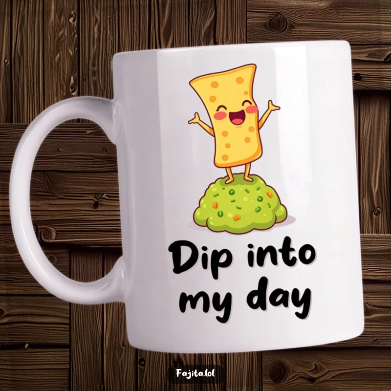 Funny mug featuring a laughing tortilla chip doing a headstand atop a generous mound of guacamole, showcasing playful balance.